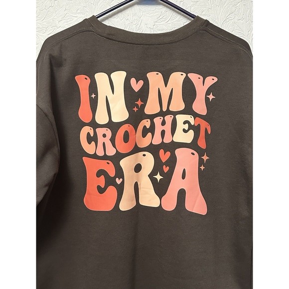 In My Crochet Era Sweatshirt Fits Like XL Crochet Lover Crewneck Dark Grey M16 - Picture 4 of 5